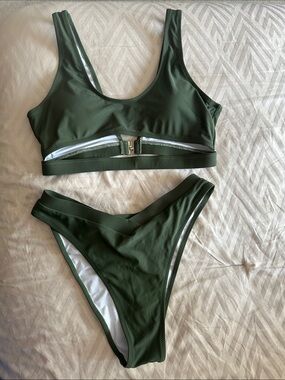 Women's Olive Green Zip-Front Bikini Set